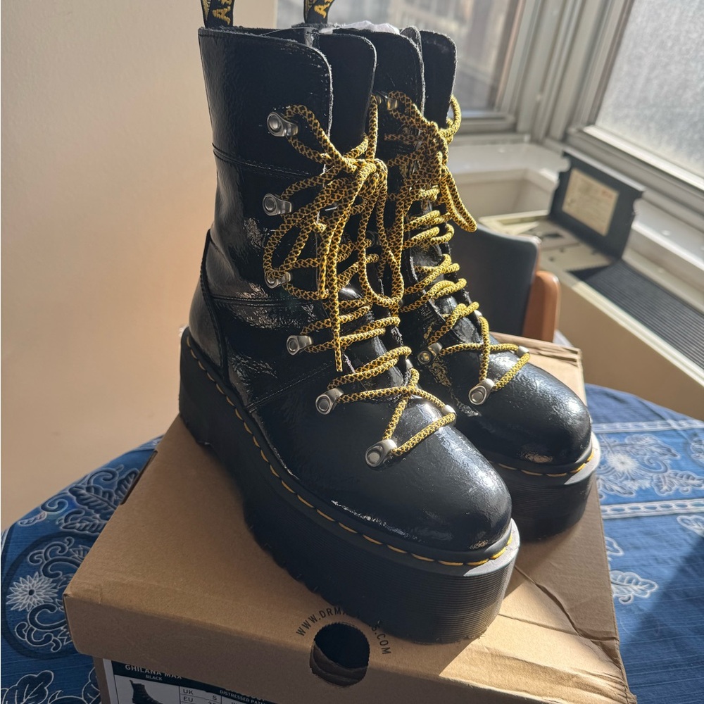 Dr Marten Black Platform Boots with Yellow Laces - Picture 2 of 8